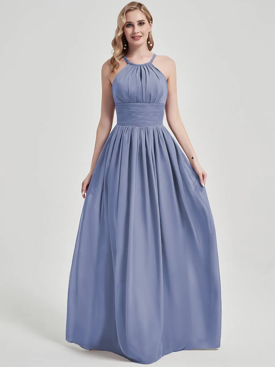 Slate Blue Halter Neck Sleeveless Chiffon Floor-Length Bridesmaid Dress