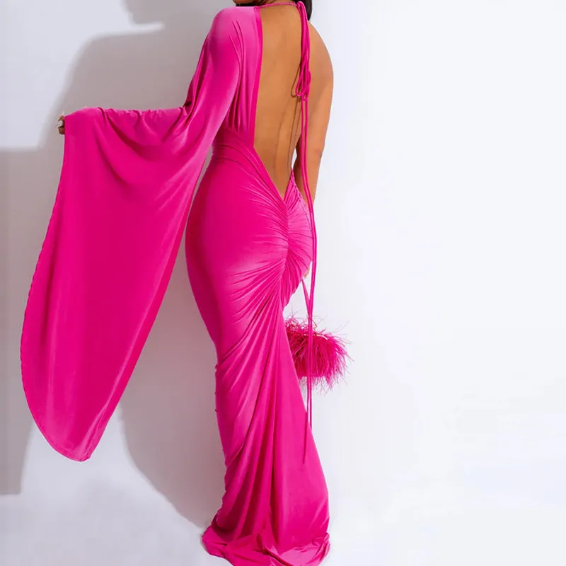 Solid Deep V-Neck Halter Backless Maxi Dress