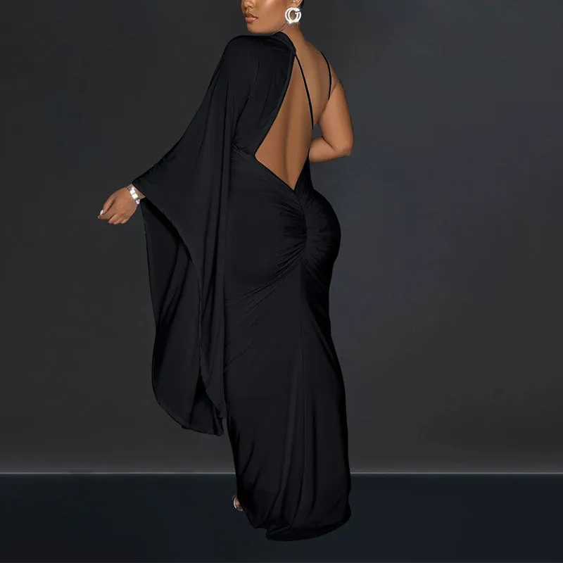 Solid Deep V-Neck Halter Backless Maxi Dress