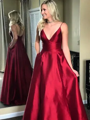 Spaghetti Strap Burgundy Prom Dresses with Pocket V-neck Evening Ball Gowns, QB0288