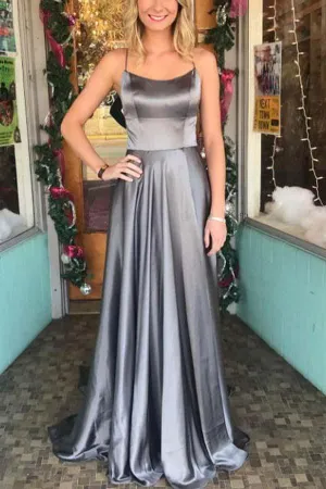 Spaghetti Straps Backless Grey Custom Long Evening Prom Dresses PG653