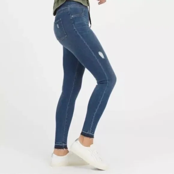 SPANX Distressed Ankle Skinny Jeans Leggings High Rise Raw Hem Blue