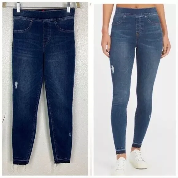 SPANX Distressed Ankle Skinny Jeans Leggings High Rise Raw Hem Blue