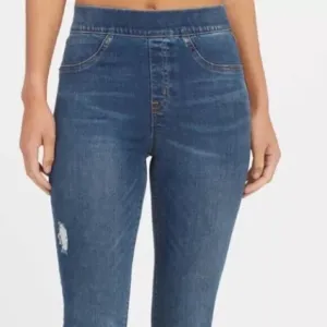 SPANX Distressed Ankle Skinny Jeans Leggings High Rise Raw Hem Blue