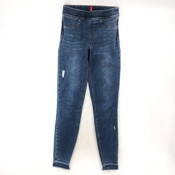 SPANX Distressed Ankle Skinny Jeans Leggings High Rise Raw Hem Blue