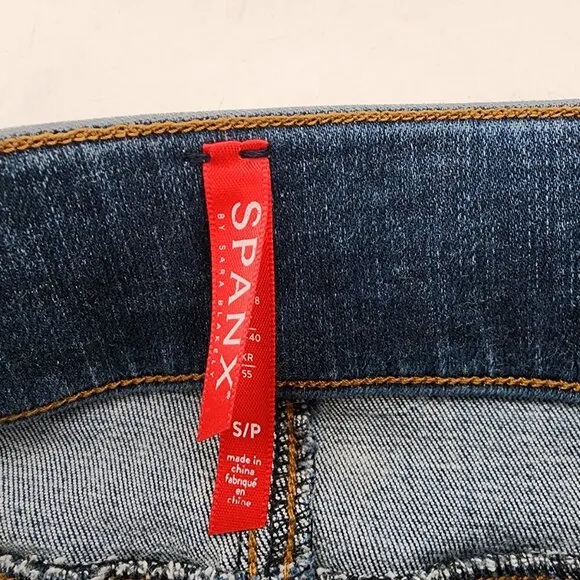 SPANX Distressed Ankle Skinny Jeans Leggings High Rise Raw Hem Blue