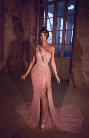 sparkly prom dresses pink one shoulder sequined sexy formal evening gown robe de soiree