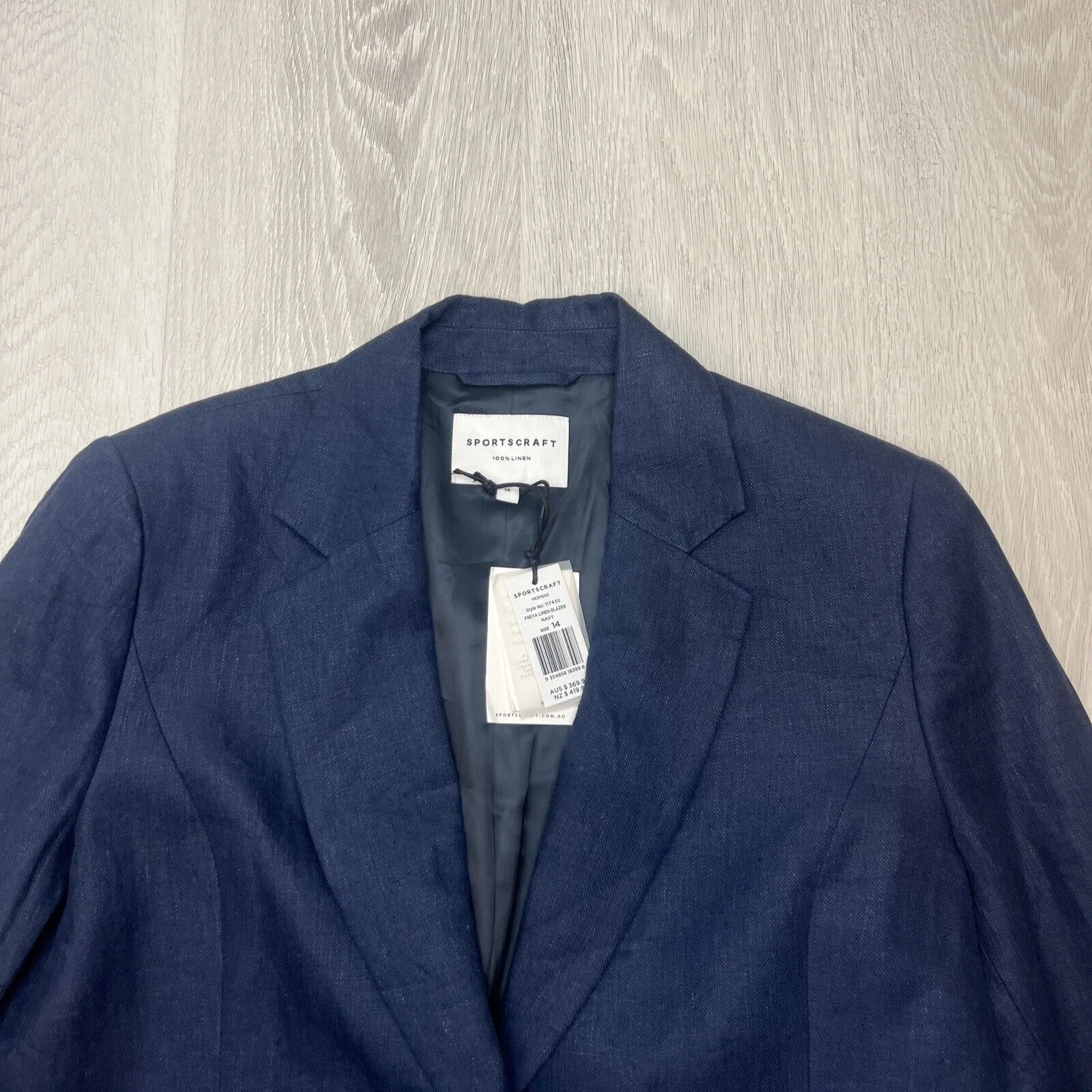 Sportscraft Womens 100% Linen Frey Blue Blazer Jacket Size 14 (New RRP $369)