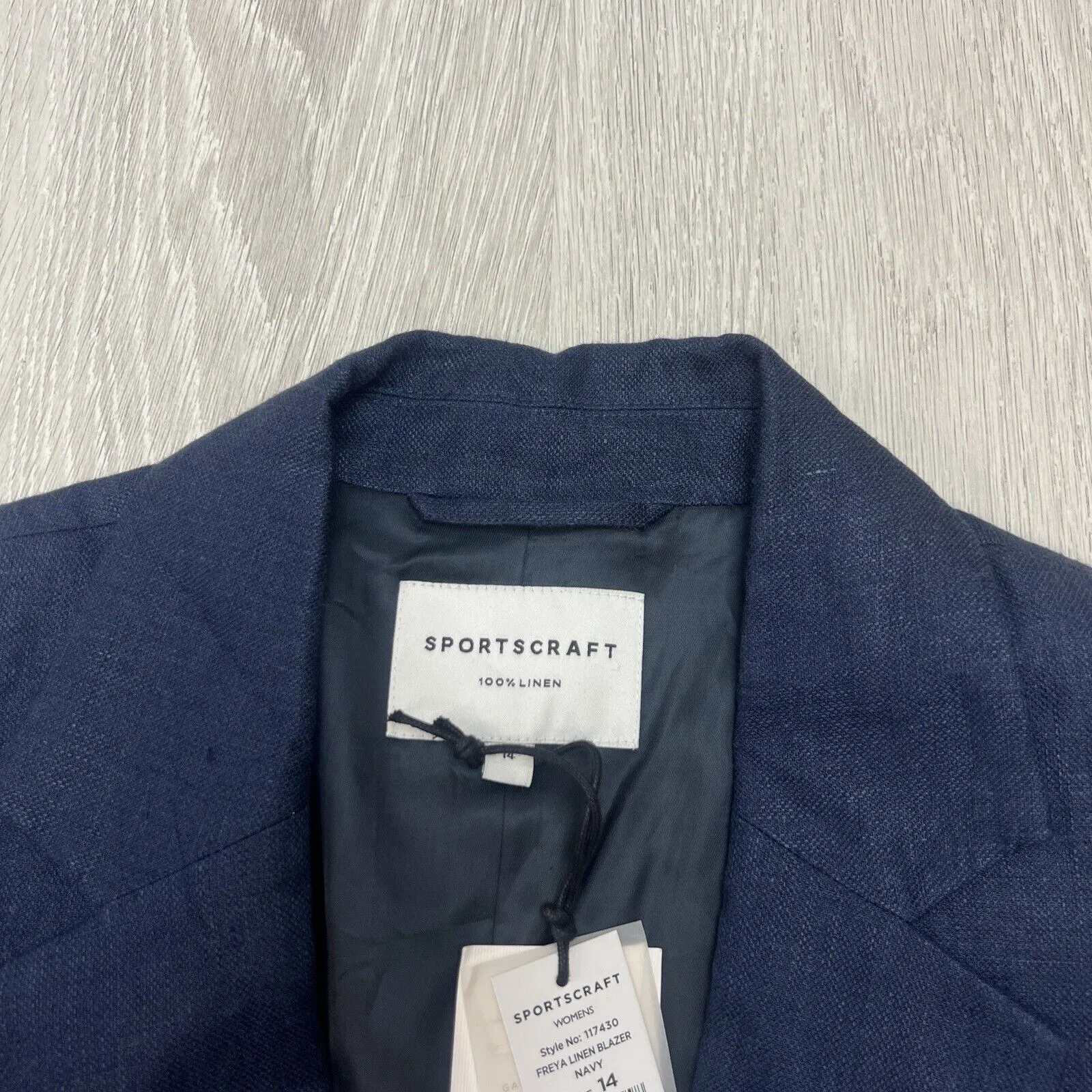Sportscraft Womens 100% Linen Frey Blue Blazer Jacket Size 14 (New RRP $369)