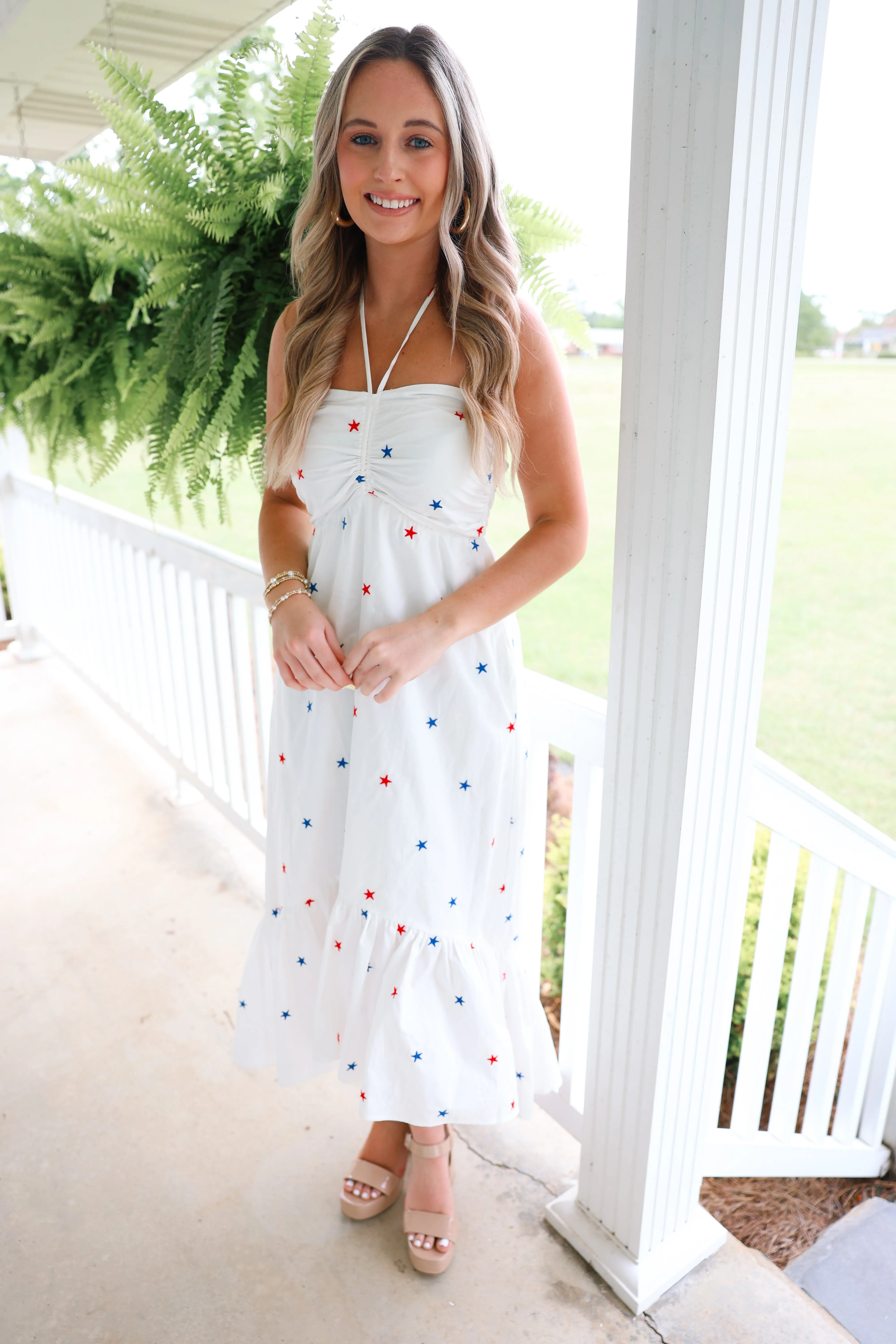 Star Embroidered Halter Midi Dress
