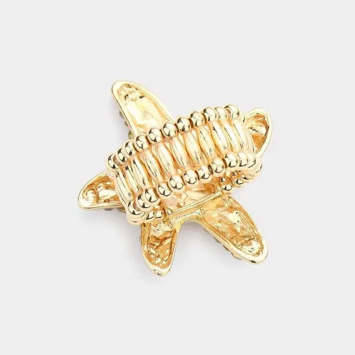 Starfish Bubble Green Stone Embellished Gold Stretch Ring