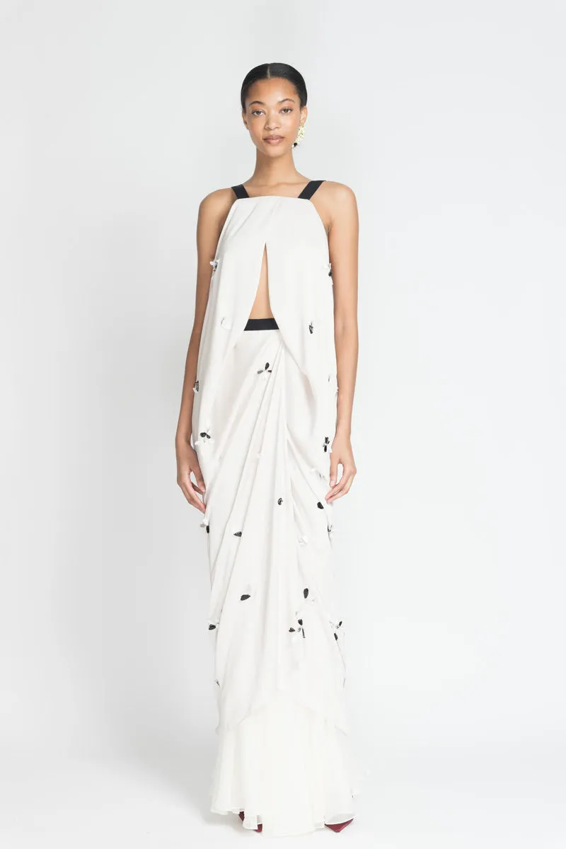 Stone Satin Crepe Palazzo Dress with Mirror Petals Embroidery and Silk Chiffon Skirt