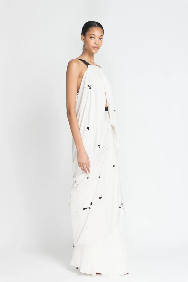 Stone Satin Crepe Palazzo Dress with Mirror Petals Embroidery and Silk Chiffon Skirt