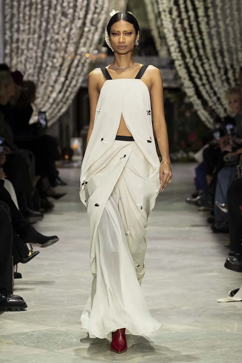 Stone Satin Crepe Palazzo Dress with Mirror Petals Embroidery and Silk Chiffon Skirt