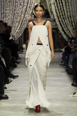Stone Satin Crepe Palazzo Dress with Mirror Petals Embroidery and Silk Chiffon Skirt