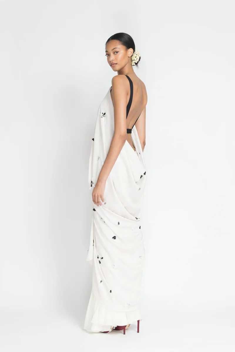Stone Satin Crepe Palazzo Dress with Mirror Petals Embroidery and Silk Chiffon Skirt