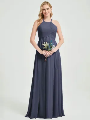 Stormy Halter Pleated Keyhole Back Chiffon Floor Length Bridesmaid Dress