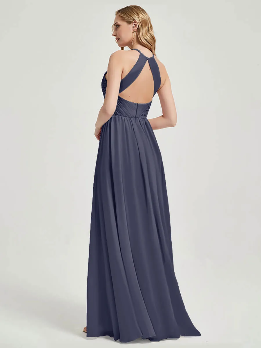 Stormy Halter Pleated Keyhole Back Chiffon Floor Length Bridesmaid Dress