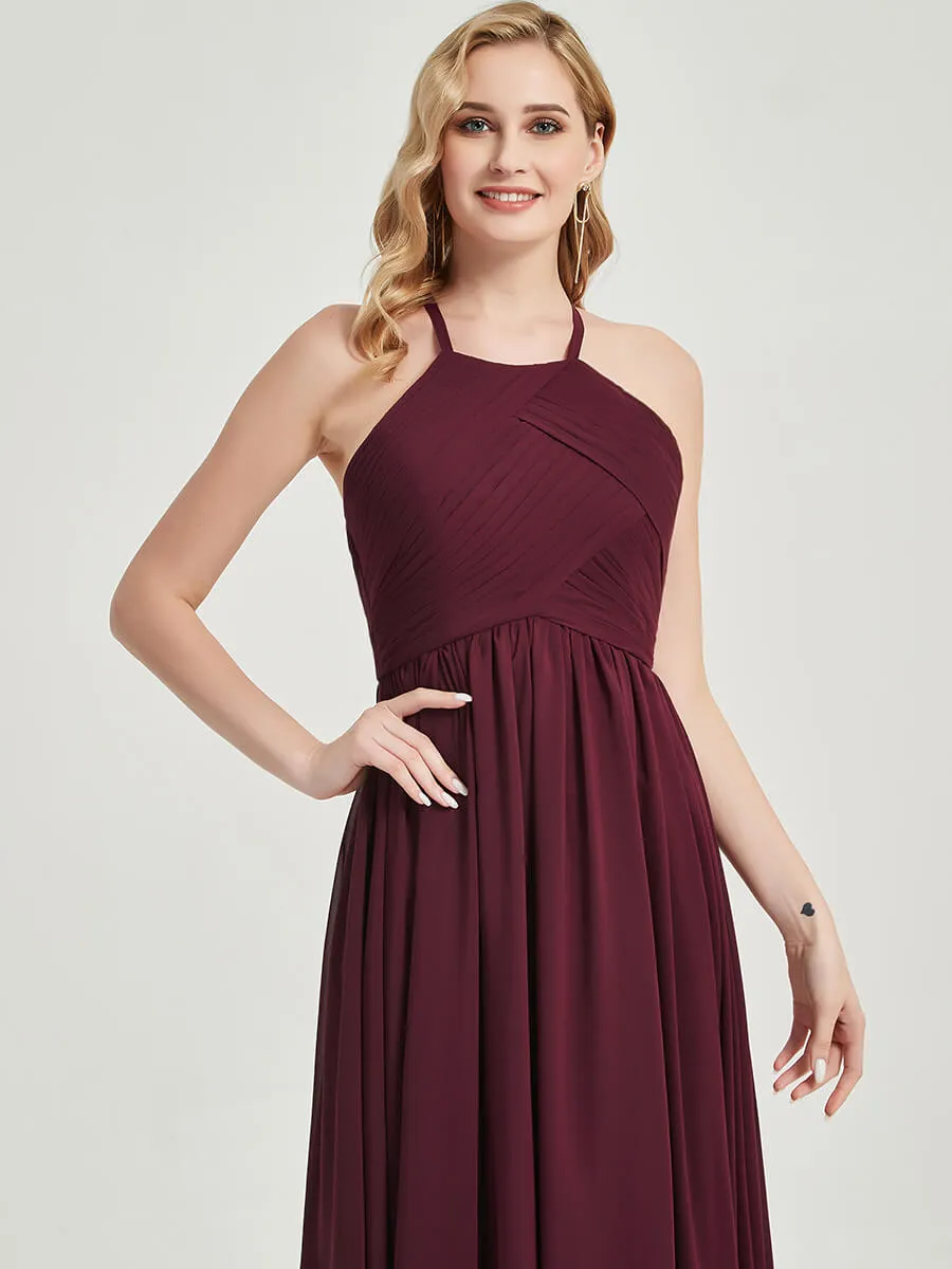Stormy Halter Pleated Keyhole Back Chiffon Floor Length Bridesmaid Dress