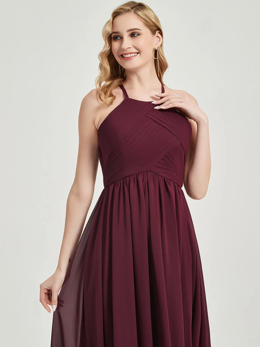 Stormy Halter Pleated Keyhole Back Chiffon Floor Length Bridesmaid Dress
