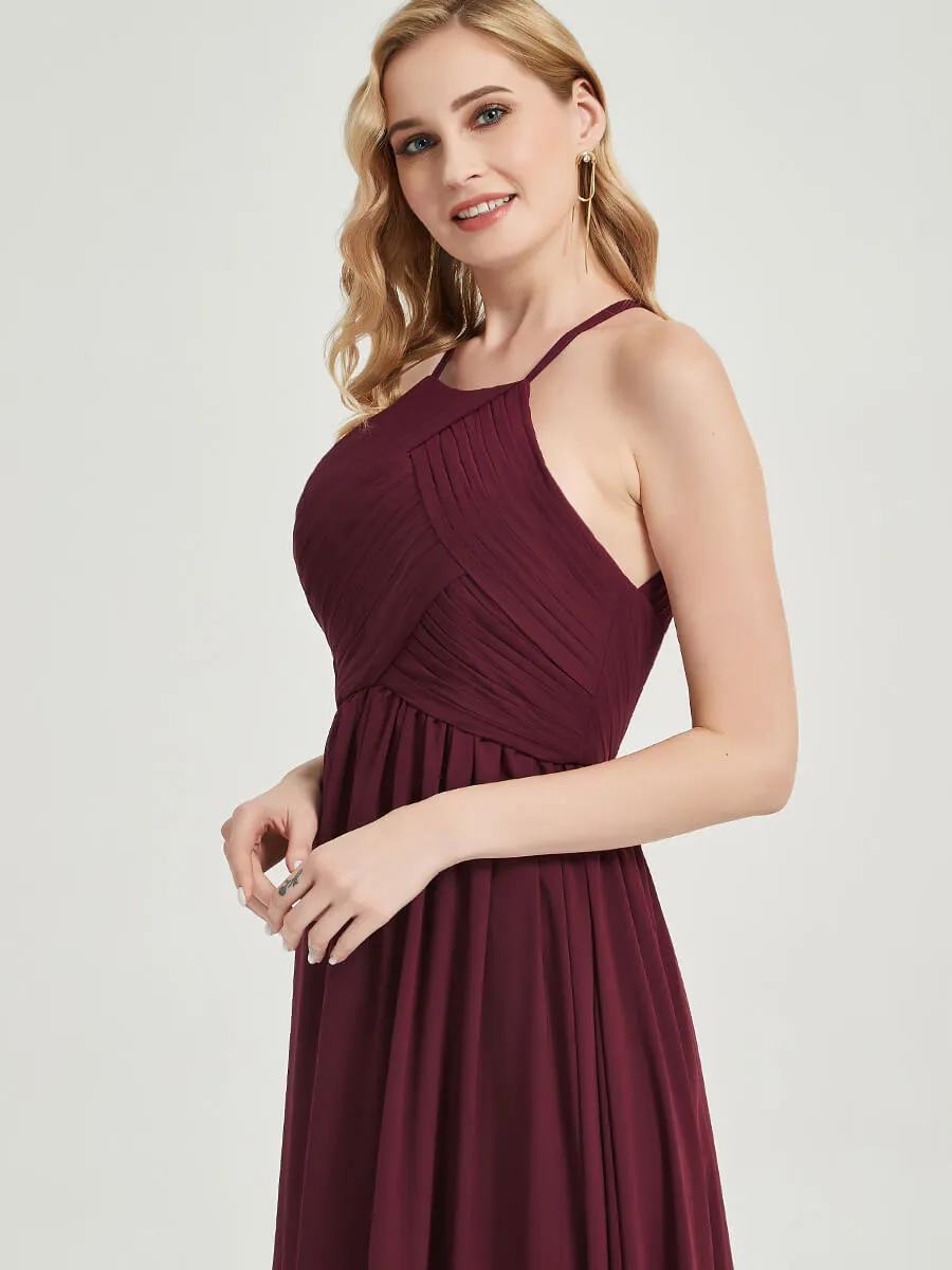 Stormy Halter Pleated Keyhole Back Chiffon Floor Length Bridesmaid Dress