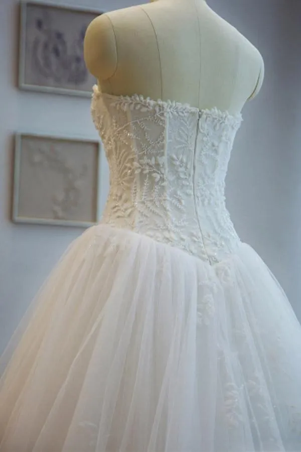 Strapless -Up Appliques A Line Chapel Train Wedding Dress With Beading  WD168