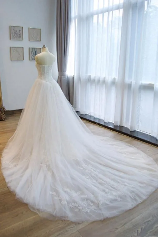 Strapless -Up Appliques A Line Chapel Train Wedding Dress With Beading  WD168