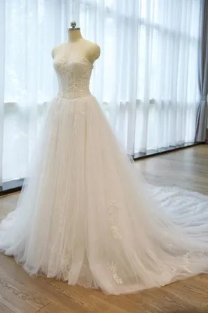 Strapless -Up Appliques A Line Chapel Train Wedding Dress With Beading  WD168