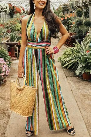Stripe Halter Neck Backless Jumpsuit