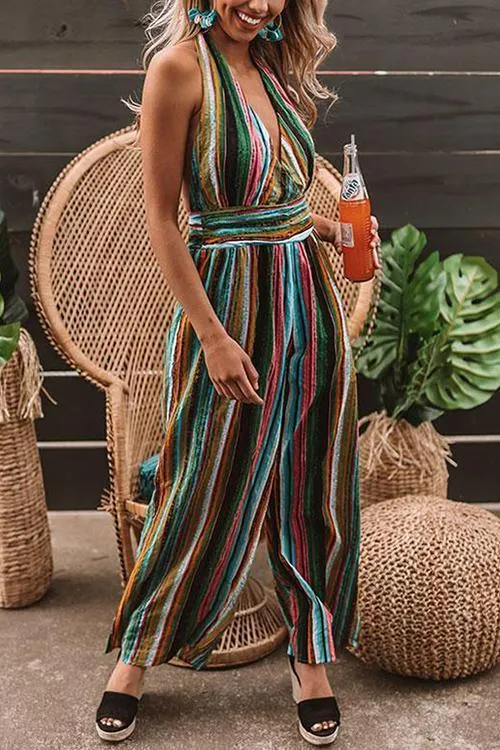 Stripe Halter Neck Backless Jumpsuit