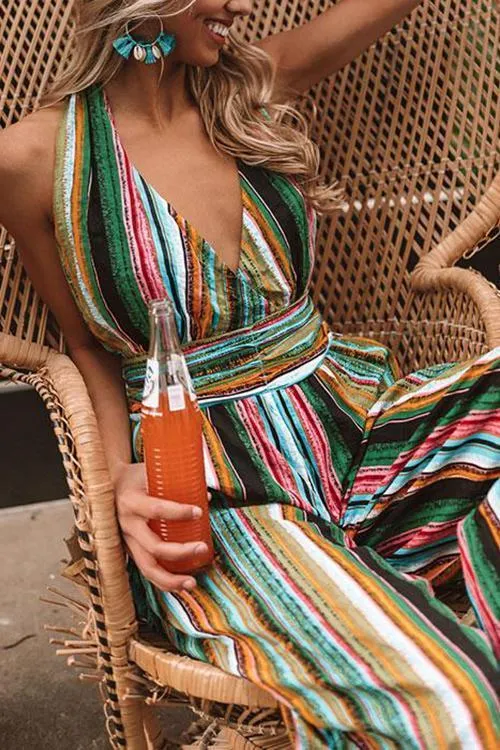 Stripe Halter Neck Backless Jumpsuit