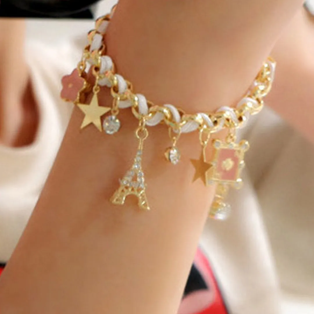 Studded Eiffel Tower Star Charms Bracelet
