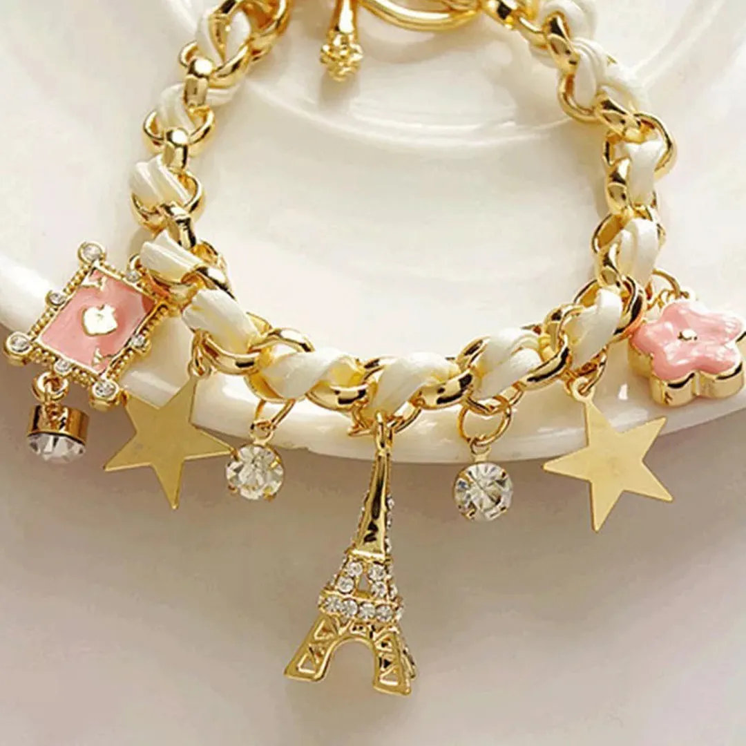 Studded Eiffel Tower Star Charms Bracelet