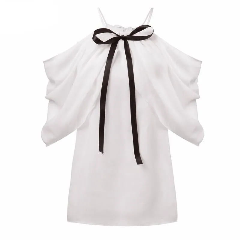Style Halter Neck Bowknot Shirts Elegant Women Off Shoulder Blouses Casual Slim Chiffon Tops