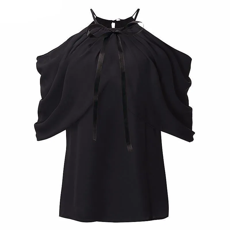 Style Halter Neck Bowknot Shirts Elegant Women Off Shoulder Blouses Casual Slim Chiffon Tops