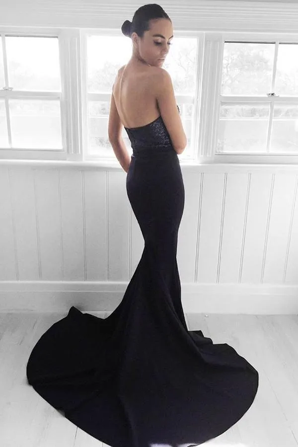 Sweep-Train Sequins  Sweetheart Navy Blue Mermaid Prom Dress PG349