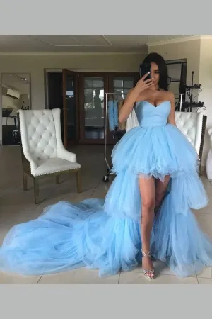 Sweetheart High-Low Prom Gown Tulle Tiered Train