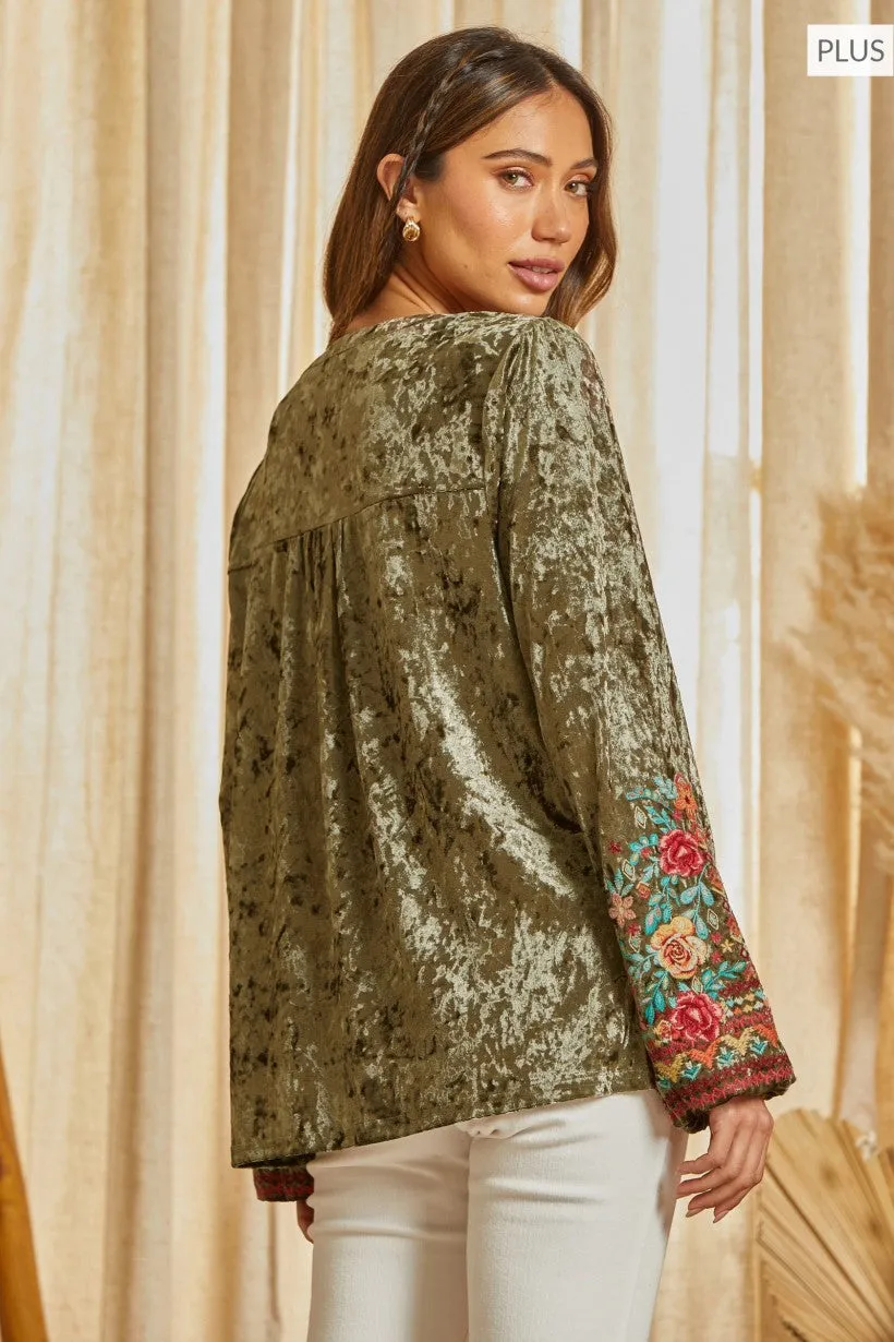 Tabby Velvet Embroidered Top in Olive