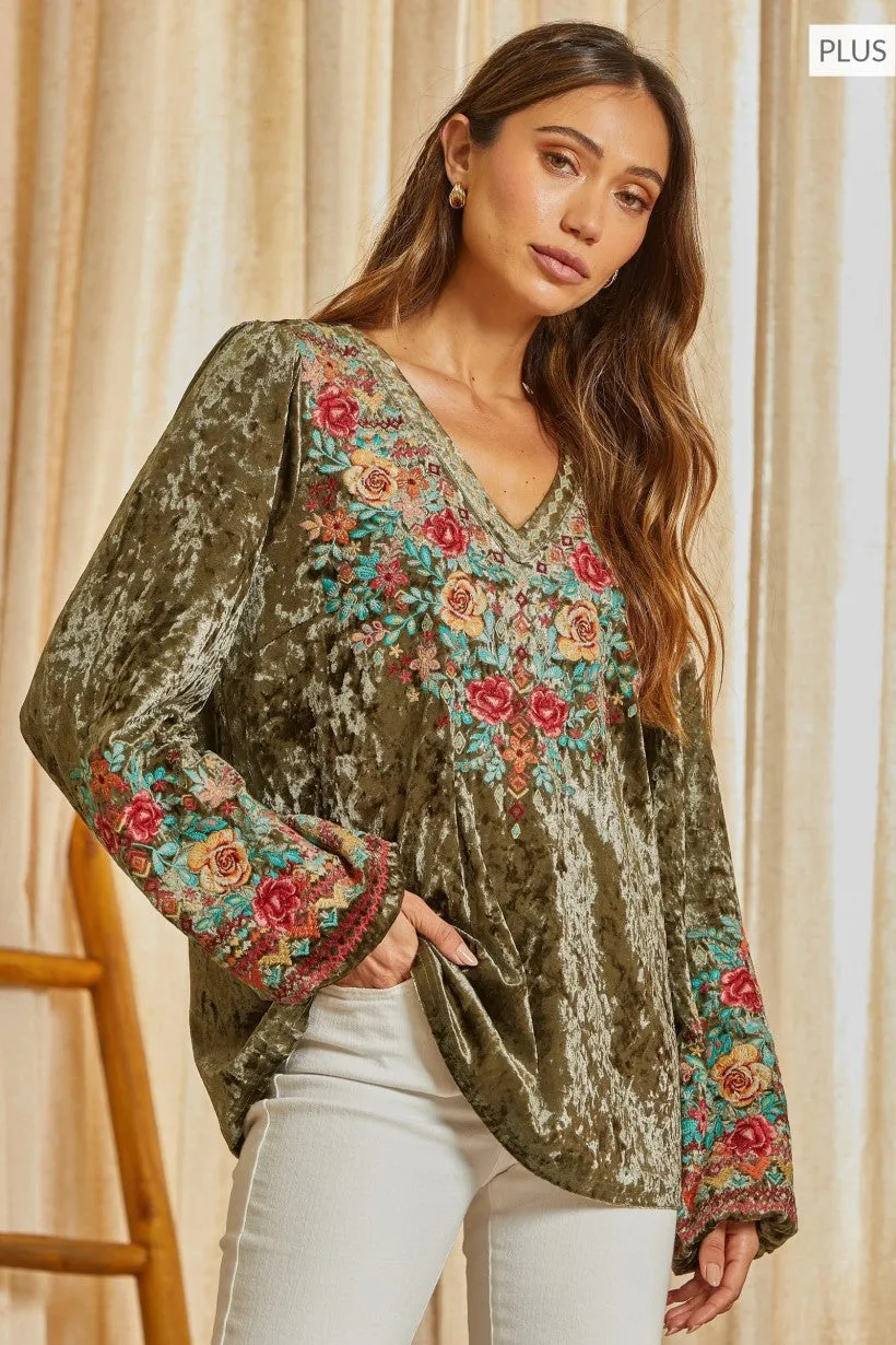 Tabby Velvet Embroidered Top in Olive