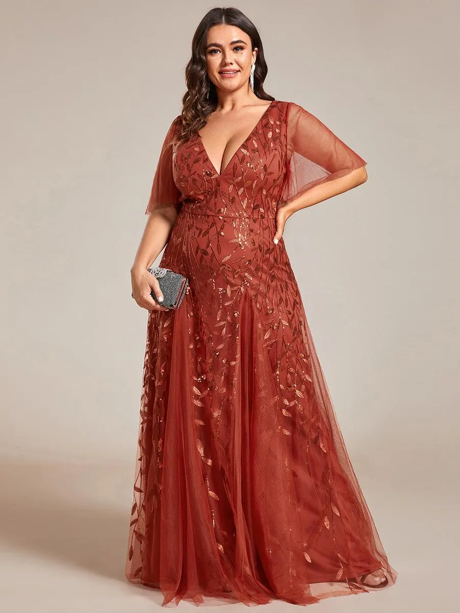 Taille personnalisée Grande Taille Robe de Soirée Romantique Scintillante à col en V et Manches à Volants