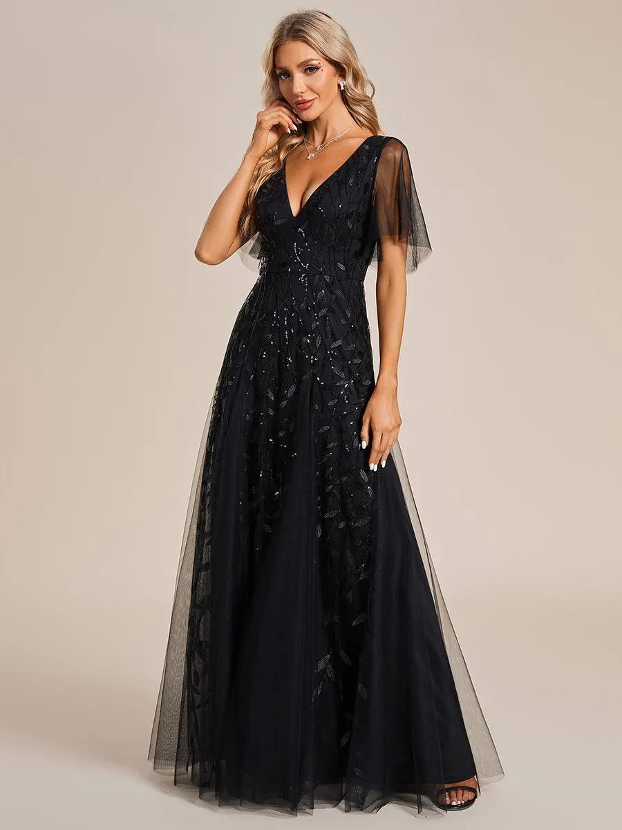 Taille personnalisée Grande Taille Robe de Soirée Romantique Scintillante à col en V et Manches à Volants