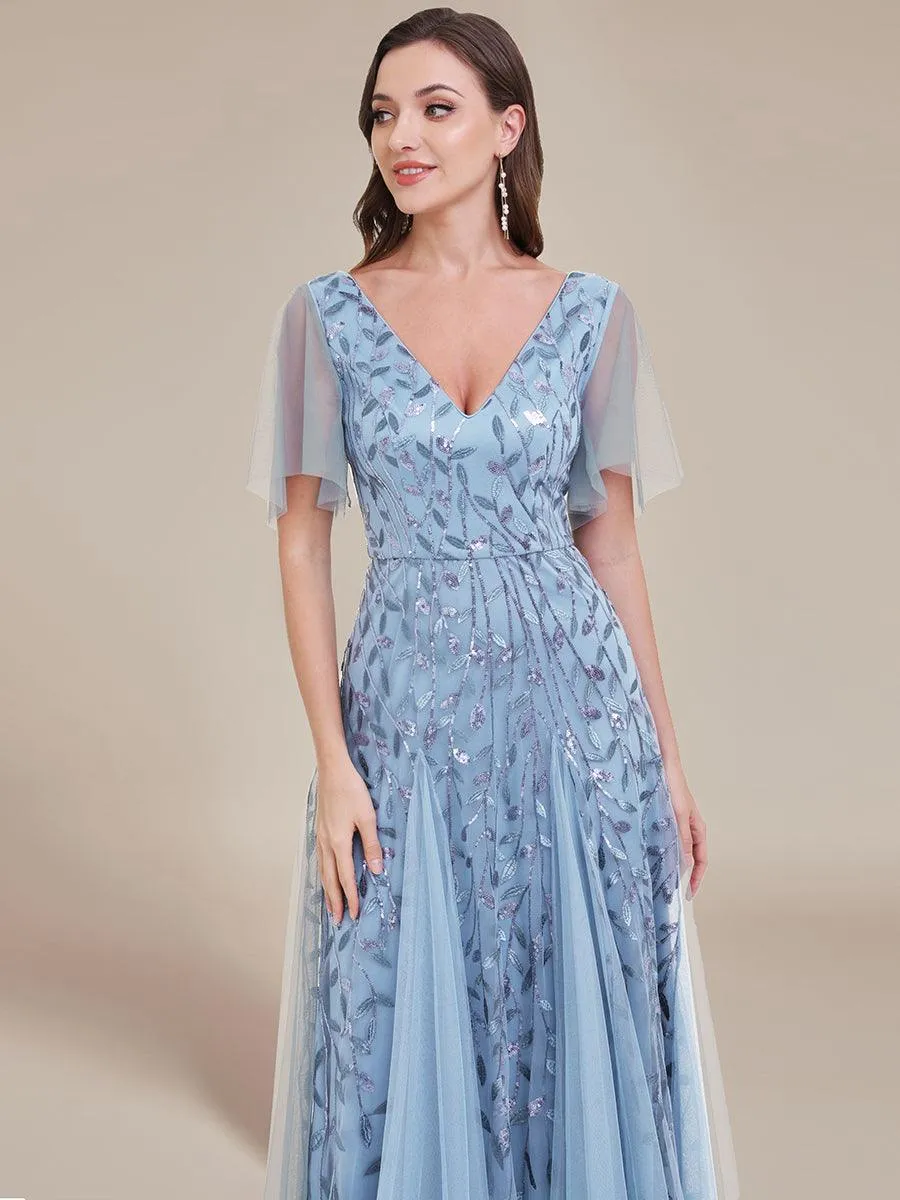 Taille personnalisée Grande Taille Robe de Soirée Romantique Scintillante à col en V et Manches à Volants