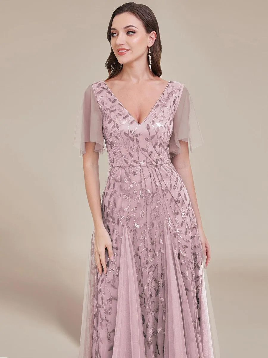 Taille personnalisée Grande Taille Robe de Soirée Romantique Scintillante à col en V et Manches à Volants