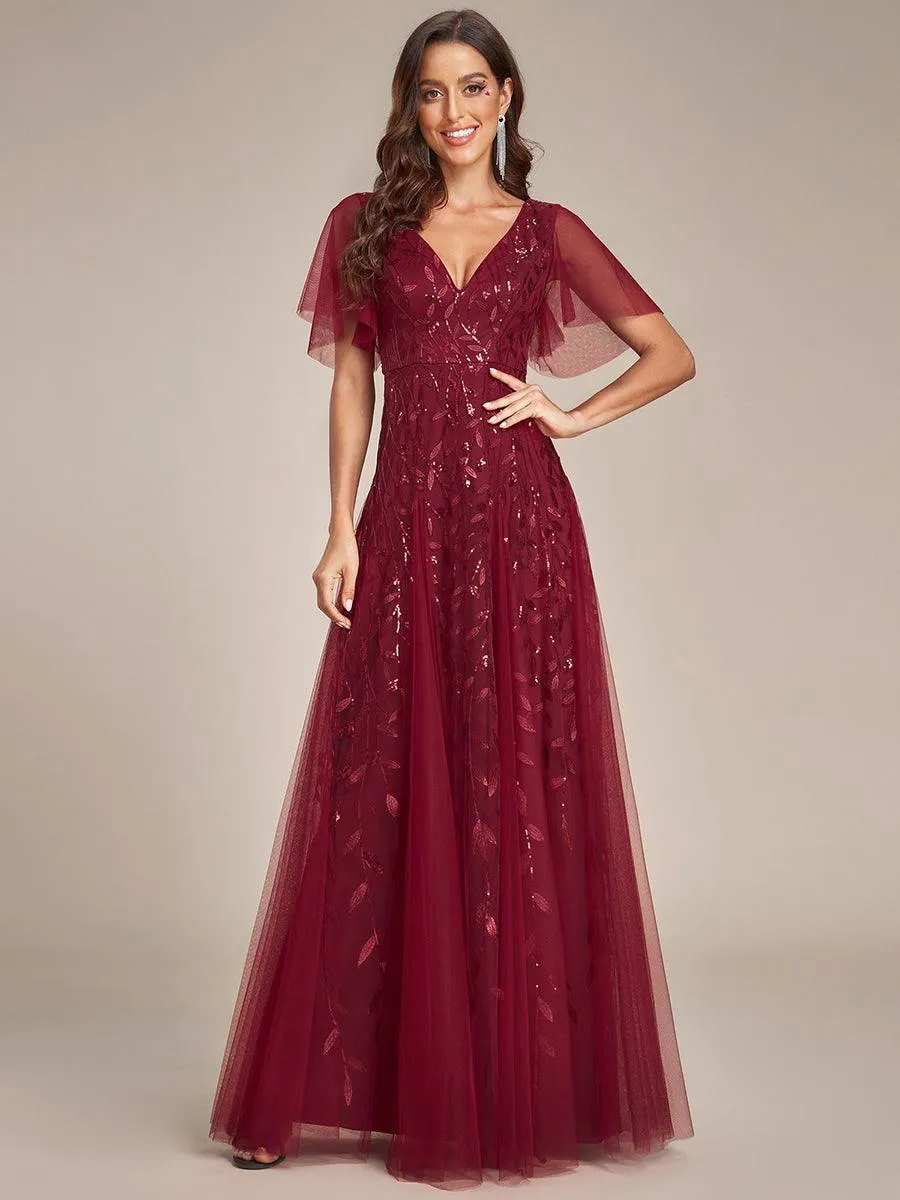 Taille personnalisée Grande Taille Robe de Soirée Romantique Scintillante à col en V et Manches à Volants