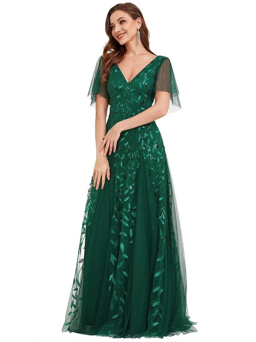 Taille personnalisée Grande Taille Robe de Soirée Romantique Scintillante à col en V et Manches à Volants
