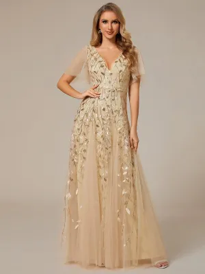 Taille personnalisée Grande Taille Robe de Soirée Romantique Scintillante à col en V et Manches à Volants