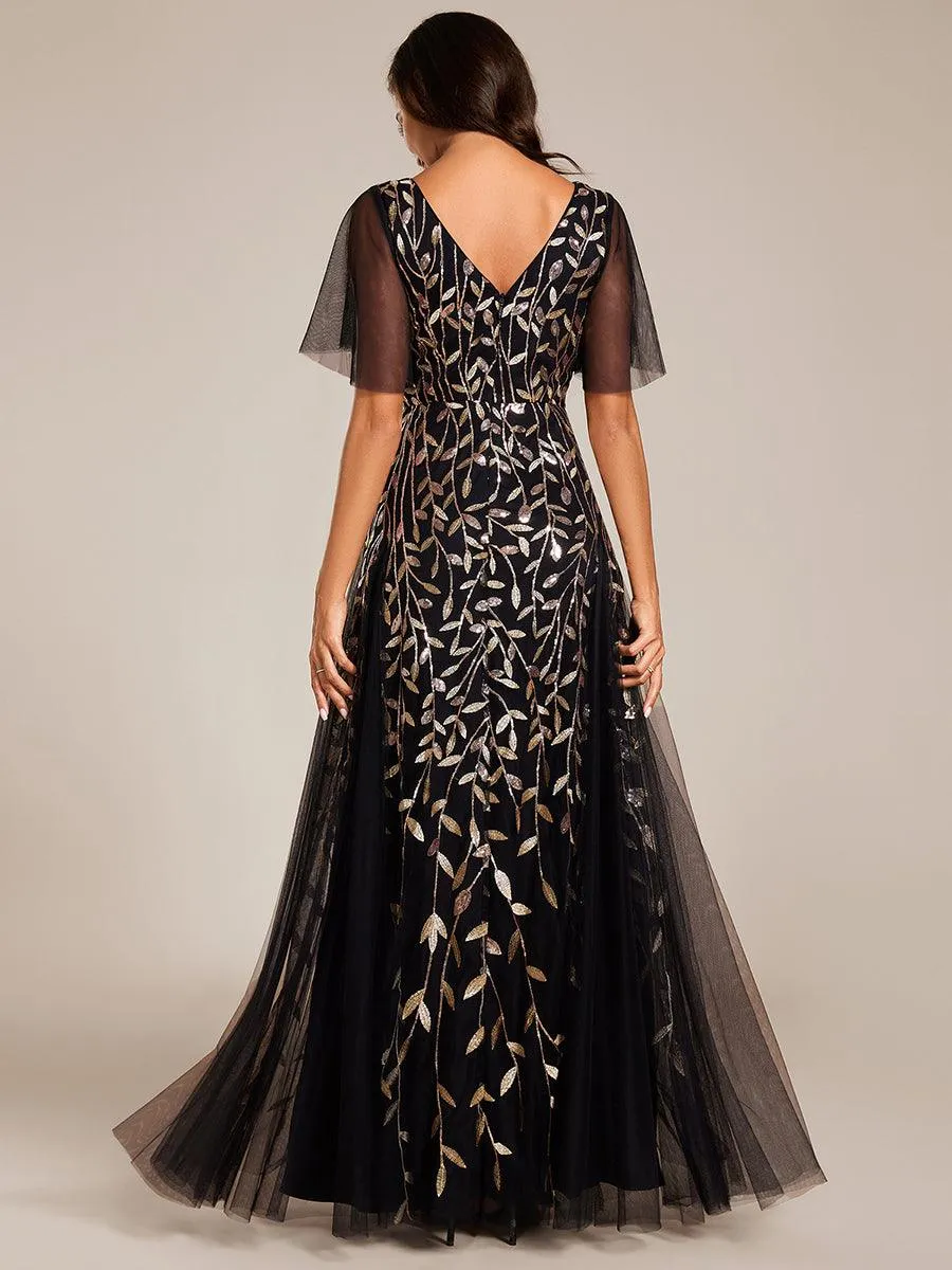 Taille personnalisée Grande Taille Robe de Soirée Romantique Scintillante à col en V et Manches à Volants