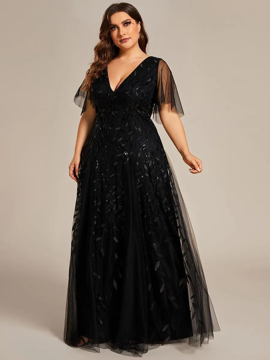 Taille personnalisée Grande Taille Robe de Soirée Romantique Scintillante à col en V et Manches à Volants