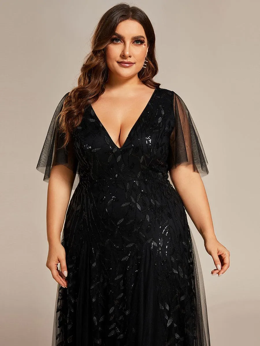 Taille personnalisée Grande Taille Robe de Soirée Romantique Scintillante à col en V et Manches à Volants