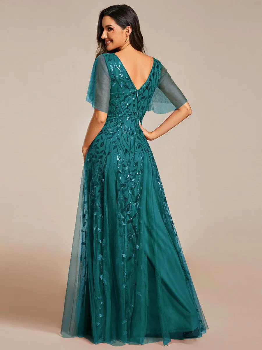 Taille personnalisée Grande Taille Robe de Soirée Romantique Scintillante à col en V et Manches à Volants